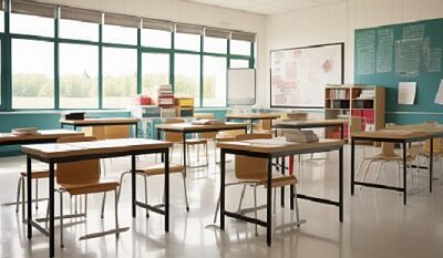 Inside a Classroom, Where Desks Stand in Orderly Rows, Awaiting Students Arrival